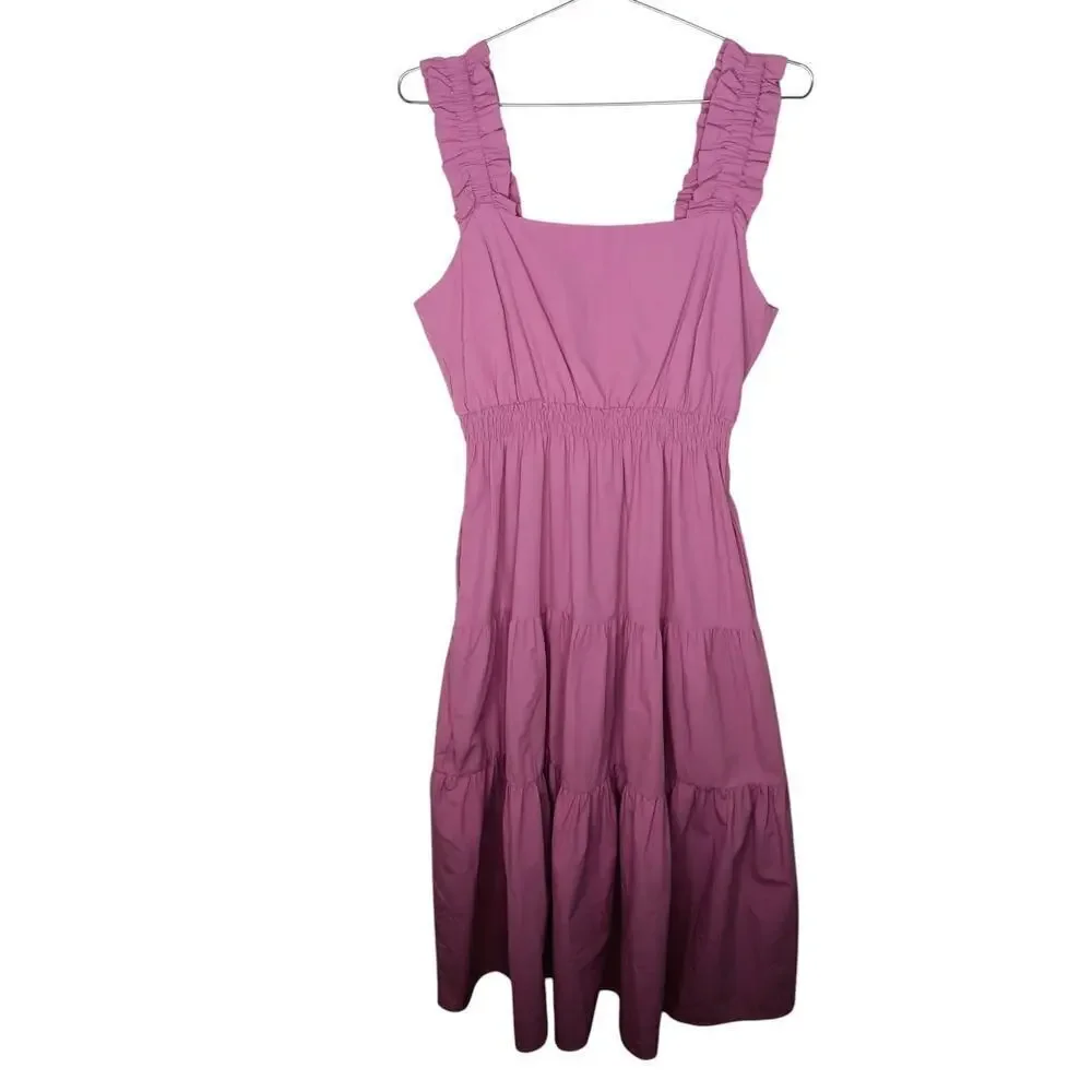 New Easel Los Angeles Tiered Midi Pink Ruffle Strap Pockets Cotton Dress S - Picture 2 of 16